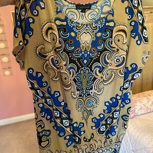 Blue and Tan Patterned Blouse